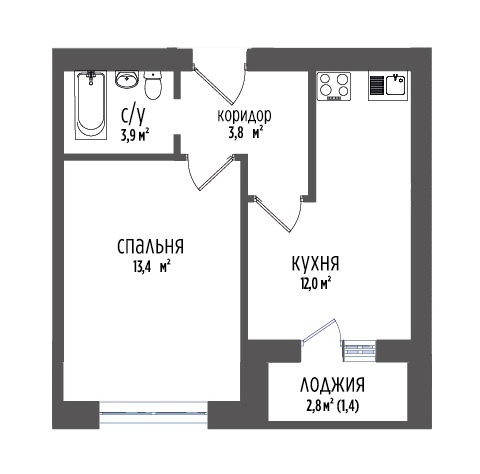 Пример планировки: 1-комнатная, 35,9 м²