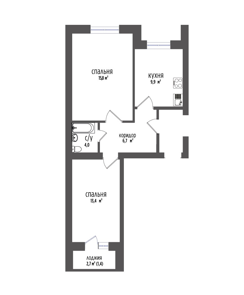 Пример планировки: 2-комнатная, 52,5 м²