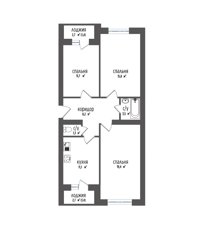 Пример планировки: 3-комнатная, 77,6 м²